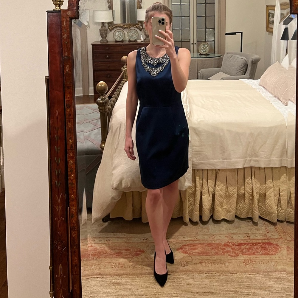Blue Satin Cocktail Dress with Beaded Neckline